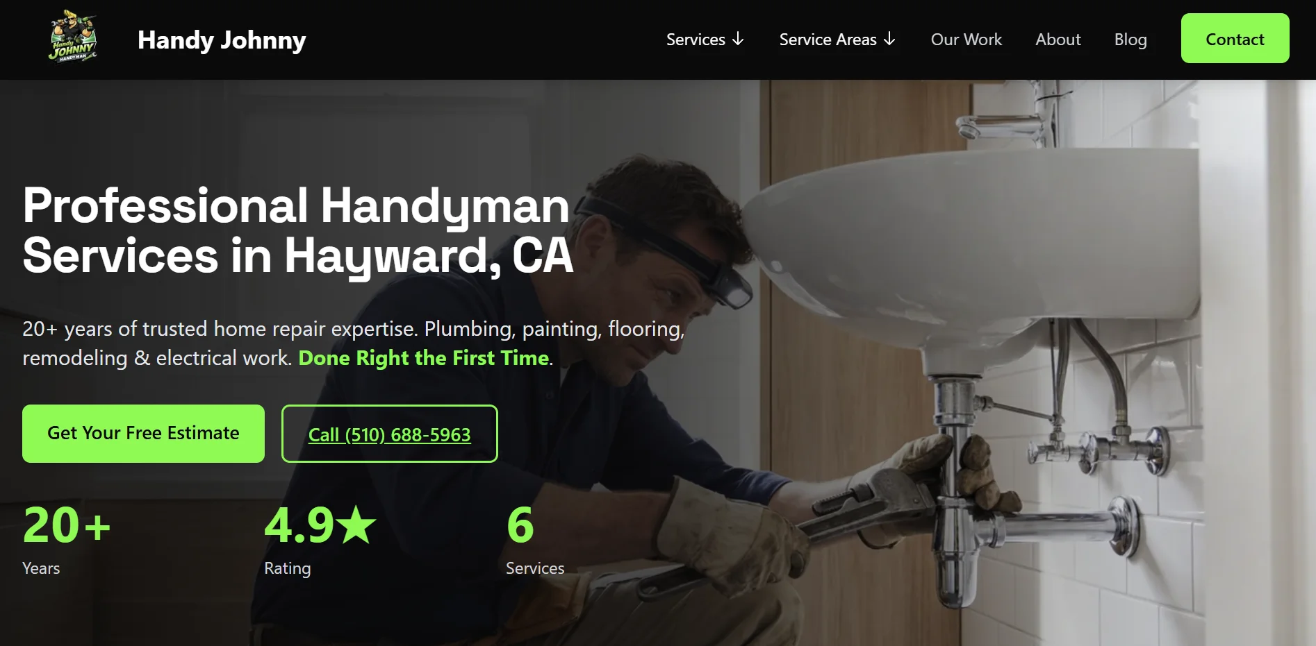 Handy Johnny website homepage showing professional handyman services in Hayward, CA