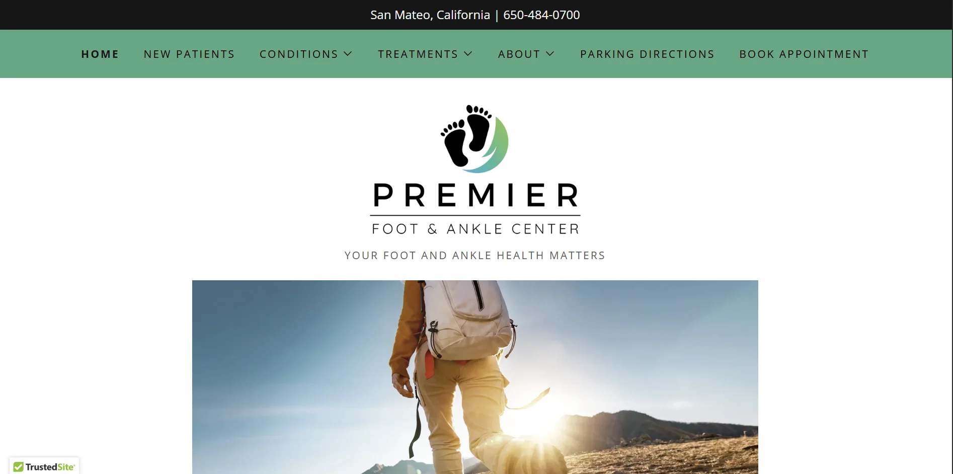 Premier Foot and Ankle Center website homepage showing podiatry practice in San Mateo