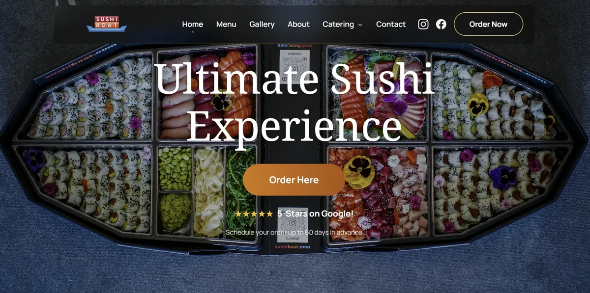 Sushi Boat website homepage showing sushi catering and delivery in San Francisco Bay Area