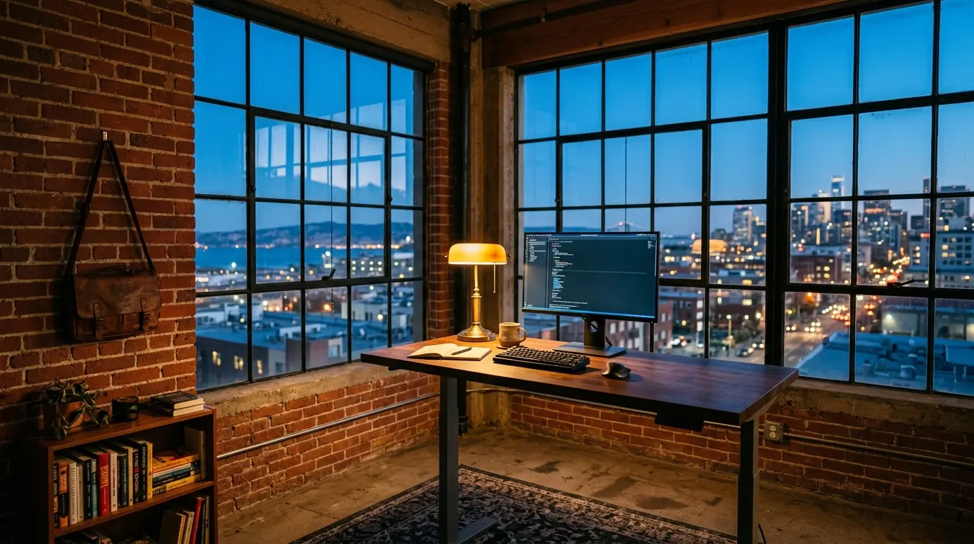 Modern loft workspace with Bay Area cityscape visible through industrial windows at blue hour
