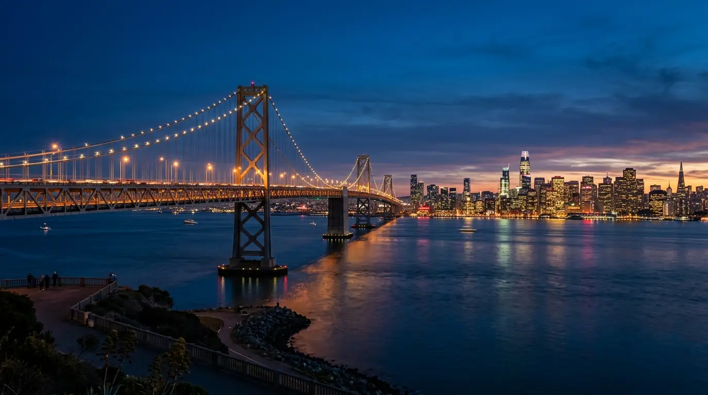 Aerial panoramic view of the San Francisco Bay Area at golden hour