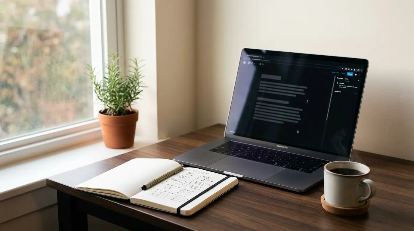 Writer workspace with laptop, notebook, and coffee in morning light