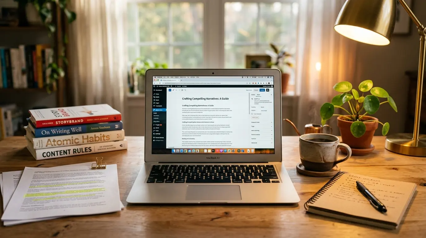 Content creation workspace with laptop and research materials