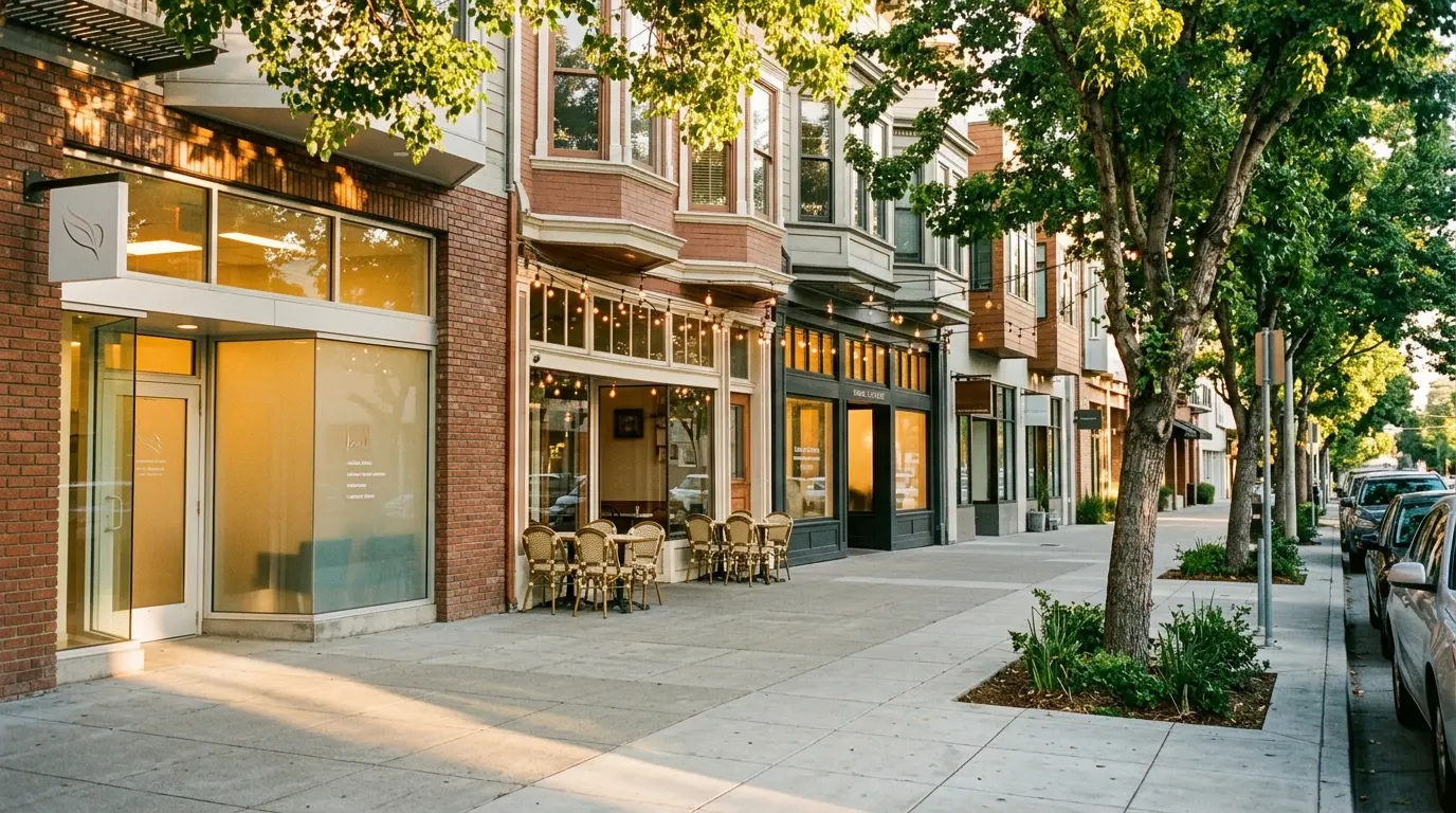 Bay Area commercial district with diverse small business storefronts at golden hour