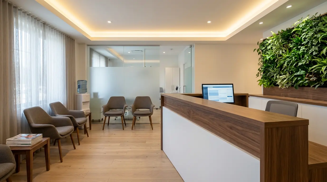 Modern medical clinic reception area with warm wood accents and plant wall