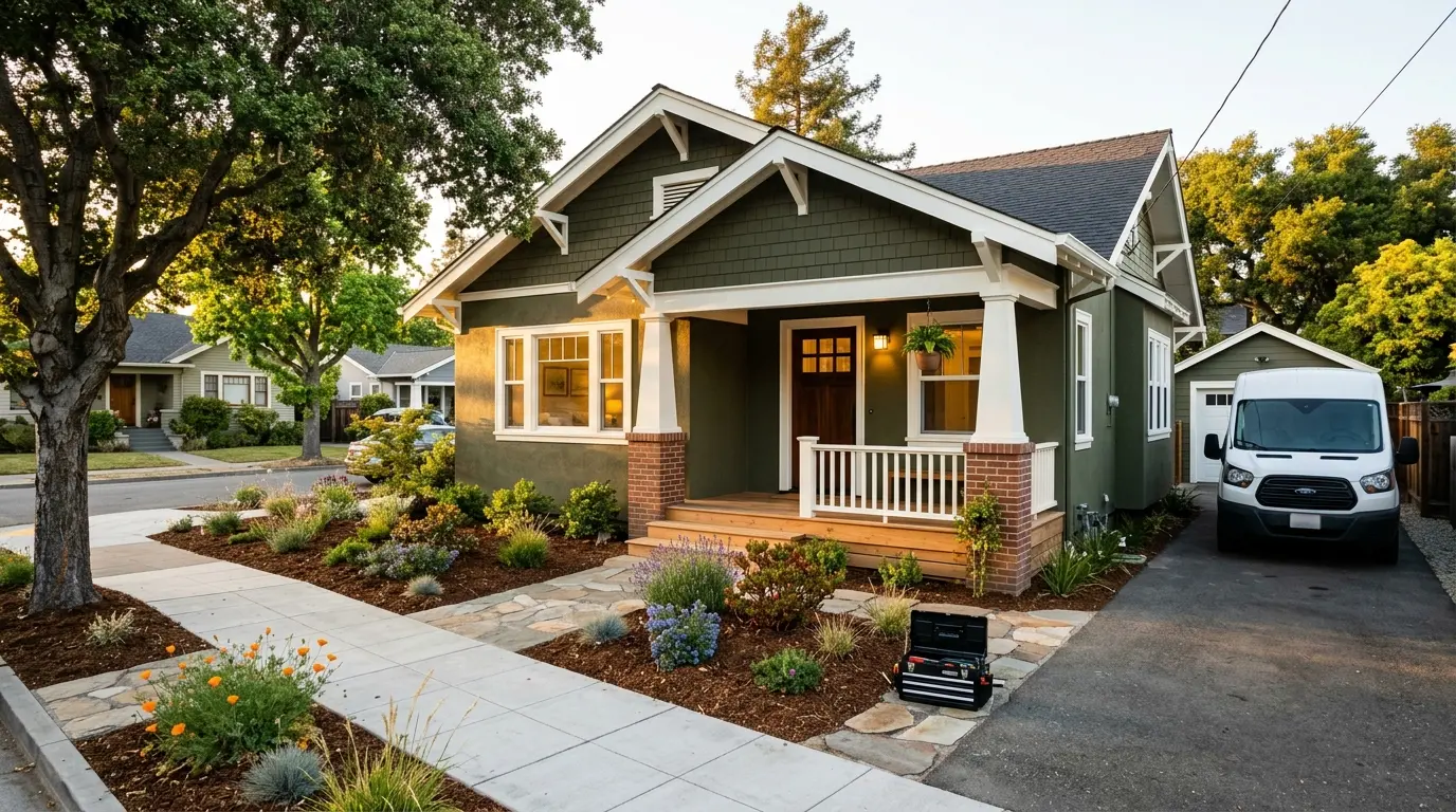 Well-maintained Craftsman bungalow with fresh landscaping at golden hour