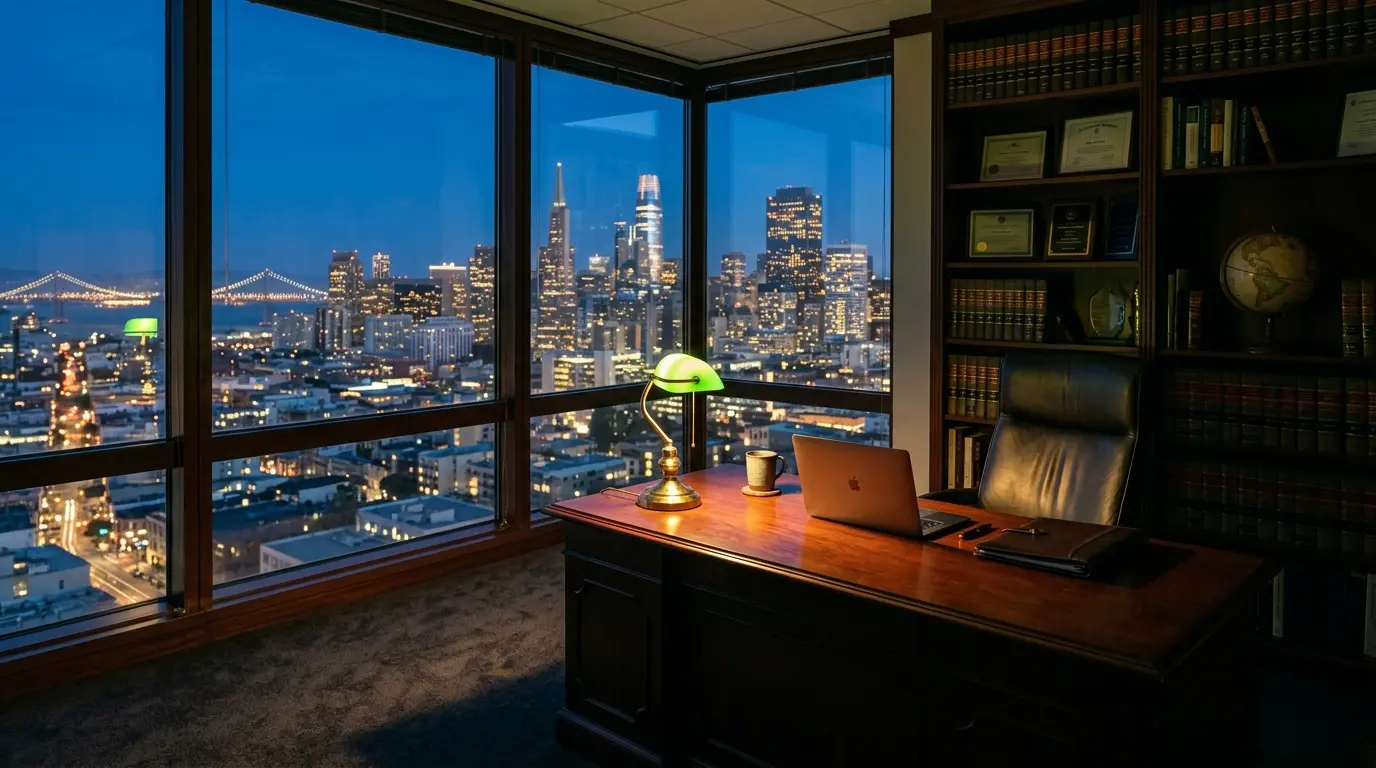 Elegant professional corner office with city skyline view at dusk