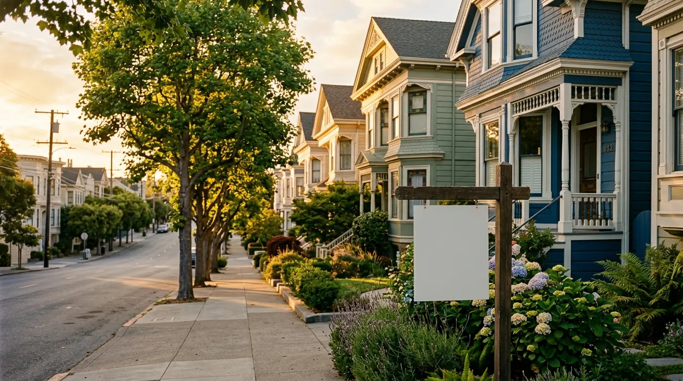 Victorian houses on Bay Area residential street at golden hour