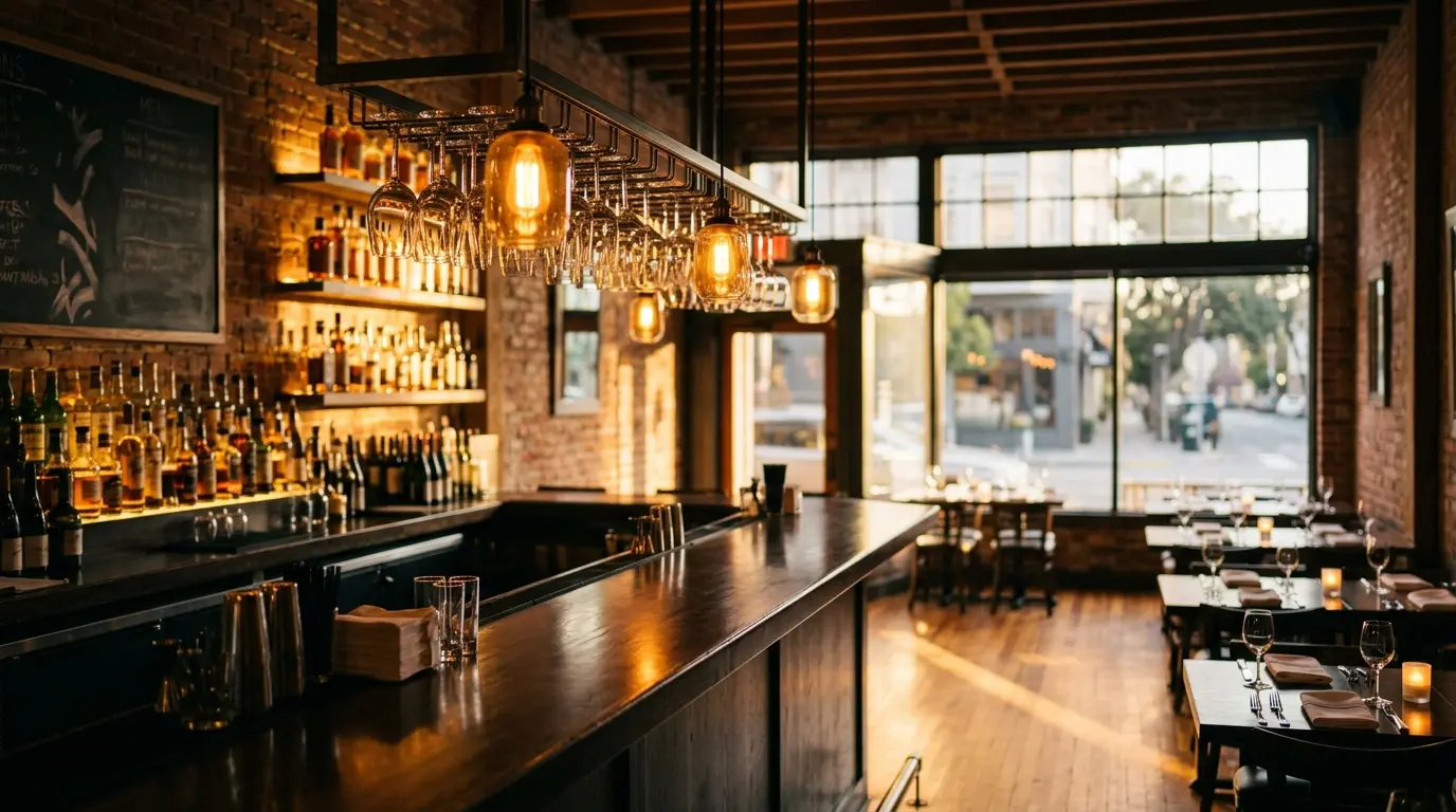 Upscale restaurant bar with pendant lights and warm amber lighting