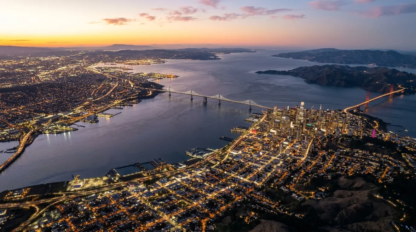 Aerial twilight view of San Francisco Bay Area with city lights