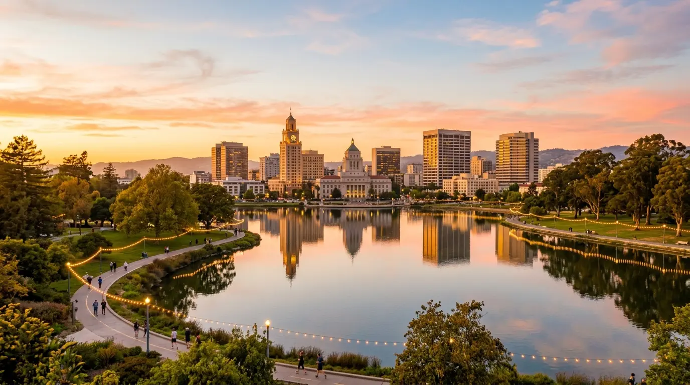 Lake Merritt and downtown Oakland skyline at golden hour