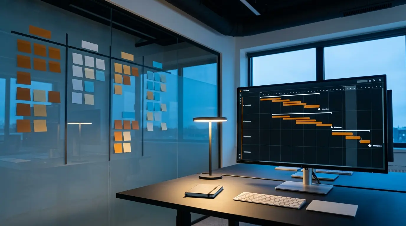 Agency workspace with project timeline on monitor and Kanban board on glass wall