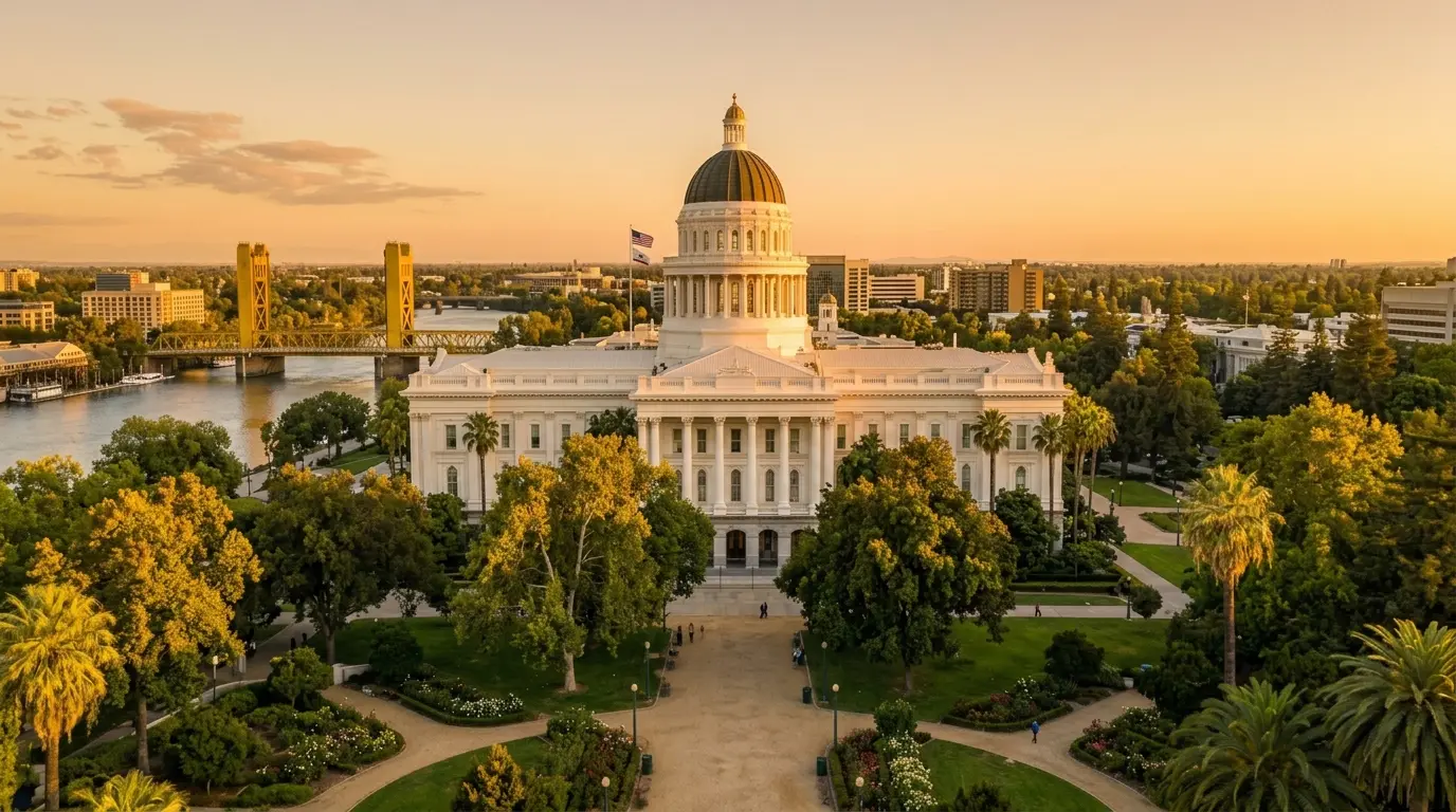 California State Capitol and Tower Bridge Sacramento at golden hour