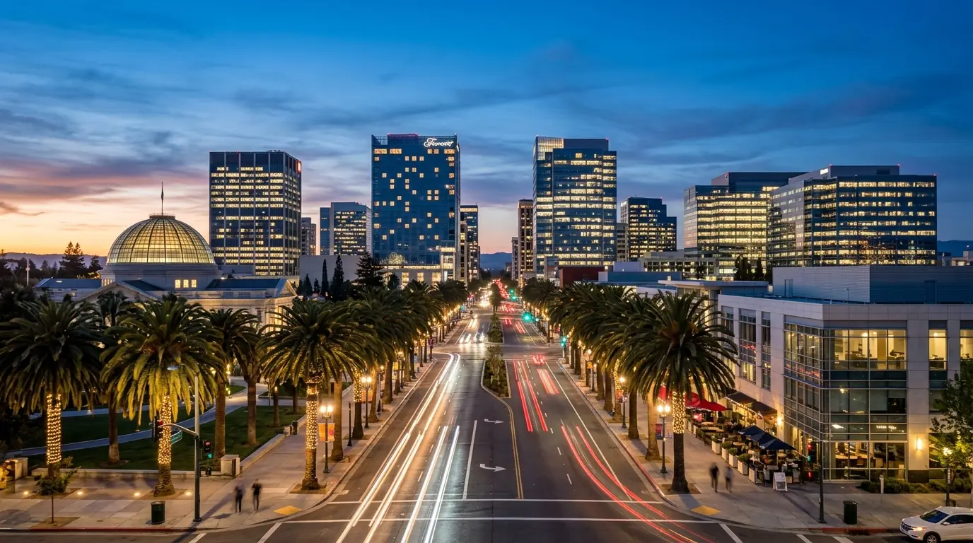 Downtown San Jose skyline with palm trees at blue hour
