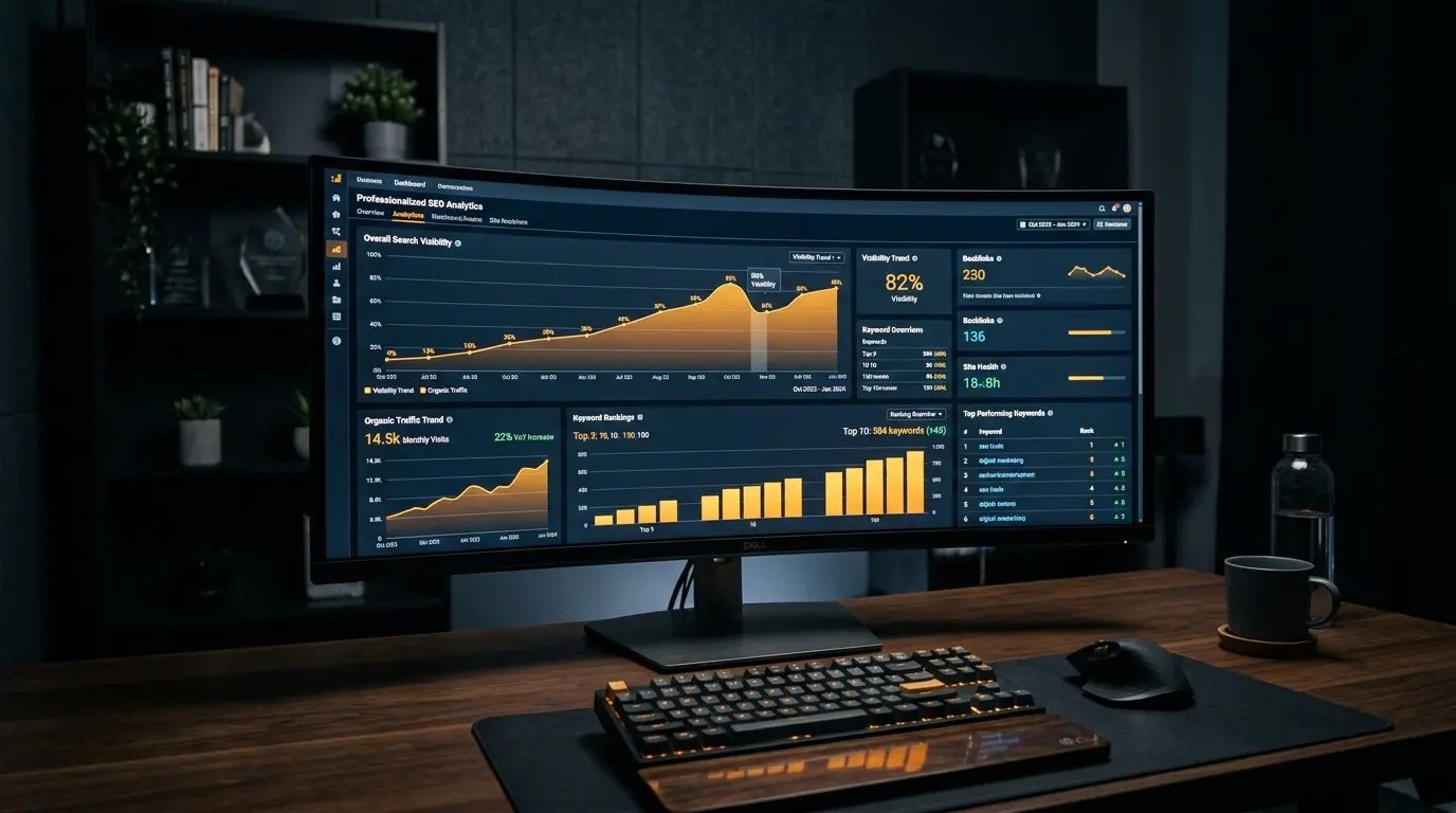 Professional SEO analytics dashboard on ultrawide monitor