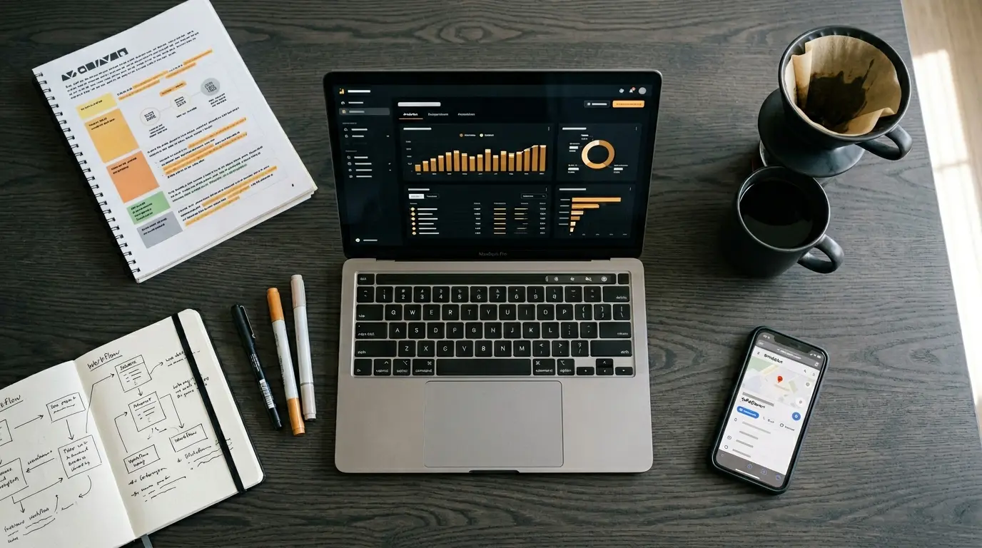 Strategy planning workspace with laptop, notebooks, and analytics reports on dark desk