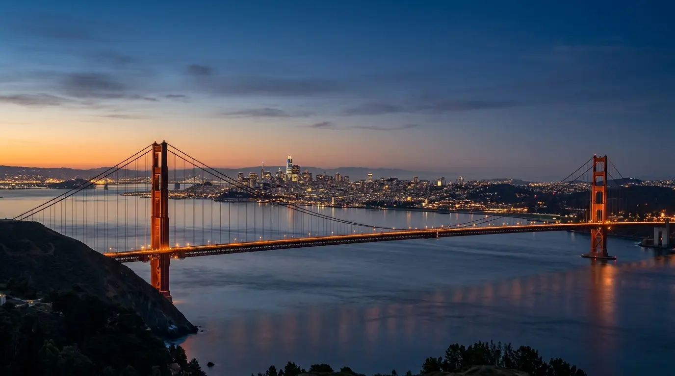 Golden Gate Bridge and San Francisco skyline at blue hour