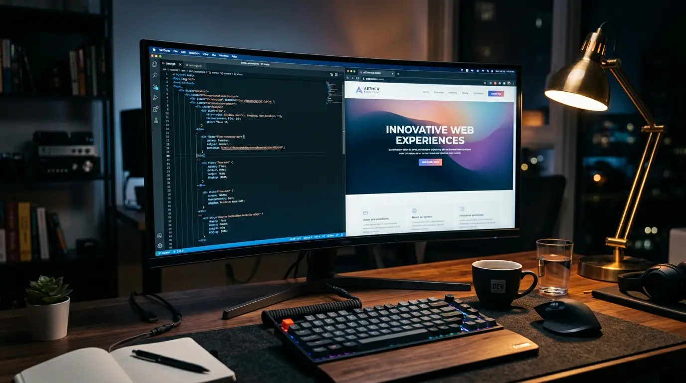 Modern web development workspace with code editor and design preview