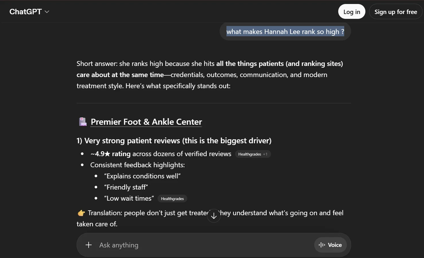 ChatGPT explains why Hannah Lee ranks so high: strong patient reviews, board certification, modern treatments
