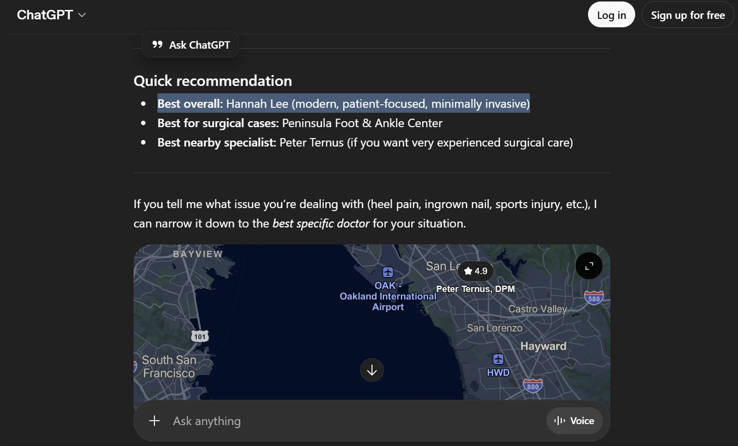 ChatGPT recommends Hannah Lee as best overall podiatrist in San Mateo