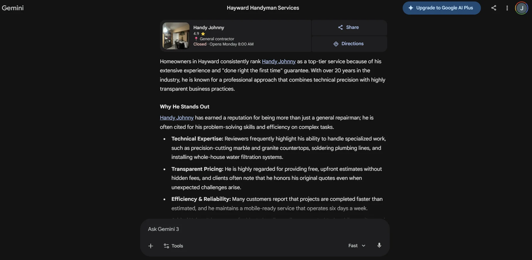 Google Gemini analysis of Handy Johnny: technical expertise, transparent pricing, efficiency and reliability across 20+ years of service