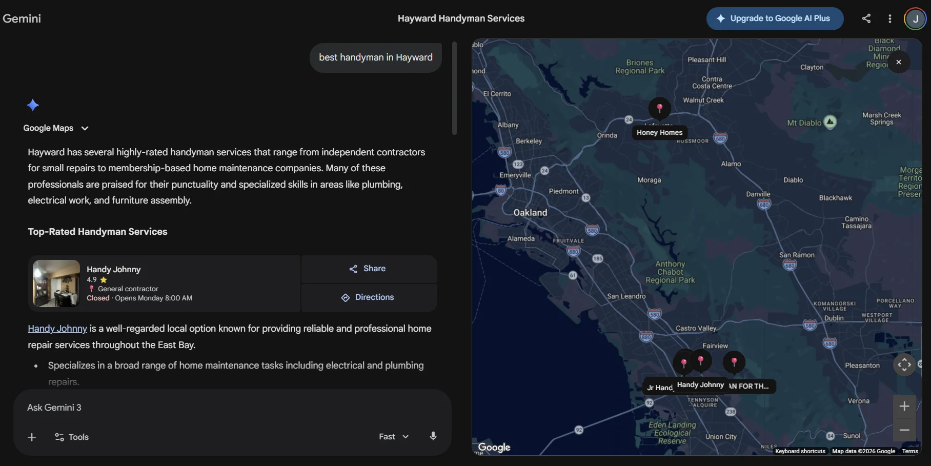 Google Gemini shows Handy Johnny as top-rated handyman service in Hayward with map showing East Bay coverage