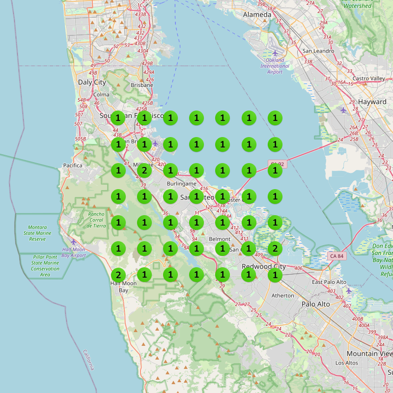 Google Maps Pack rankings for Plantar Fasciitis in the San Mateo area showing position 1 across nearly every grid point