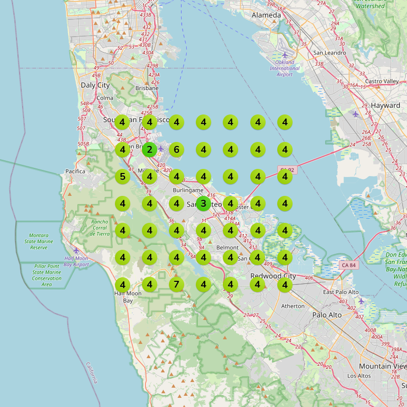 Google Maps Pack rankings for Podiatrist in the San Mateo area showing positions 4 through 7 across the grid