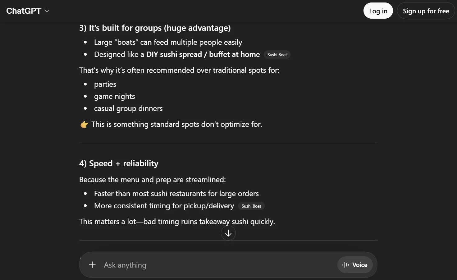 ChatGPT highlights Sushi Boat for groups: large boats feed multiple people, designed like DIY sushi spread, faster than most sushi restaurants