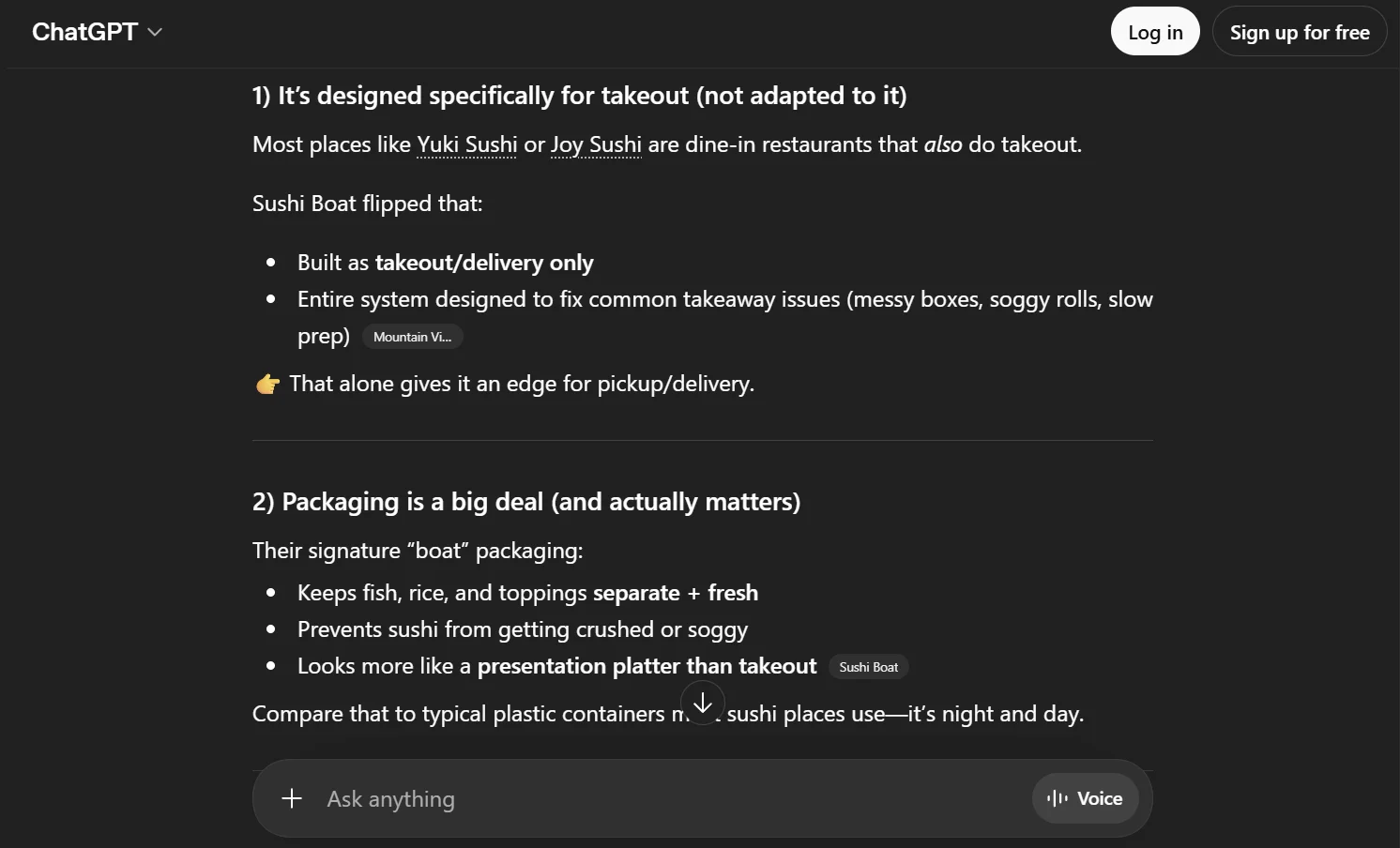 ChatGPT explains why Sushi Boat is great for takeout: built for takeout not adapted, signature boat packaging keeps fish fresh