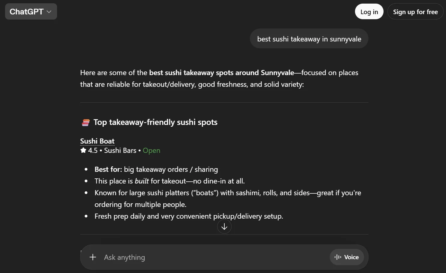 ChatGPT recommends Sushi Boat as top takeaway-friendly sushi spot in Sunnyvale with 4.5 stars
