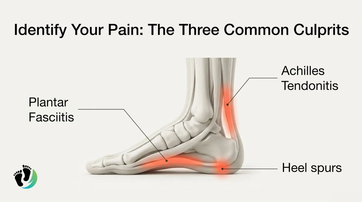 Identify Your Pain: The Three Common Culprits - plantar fasciitis, Achilles tendonitis, heel spurs