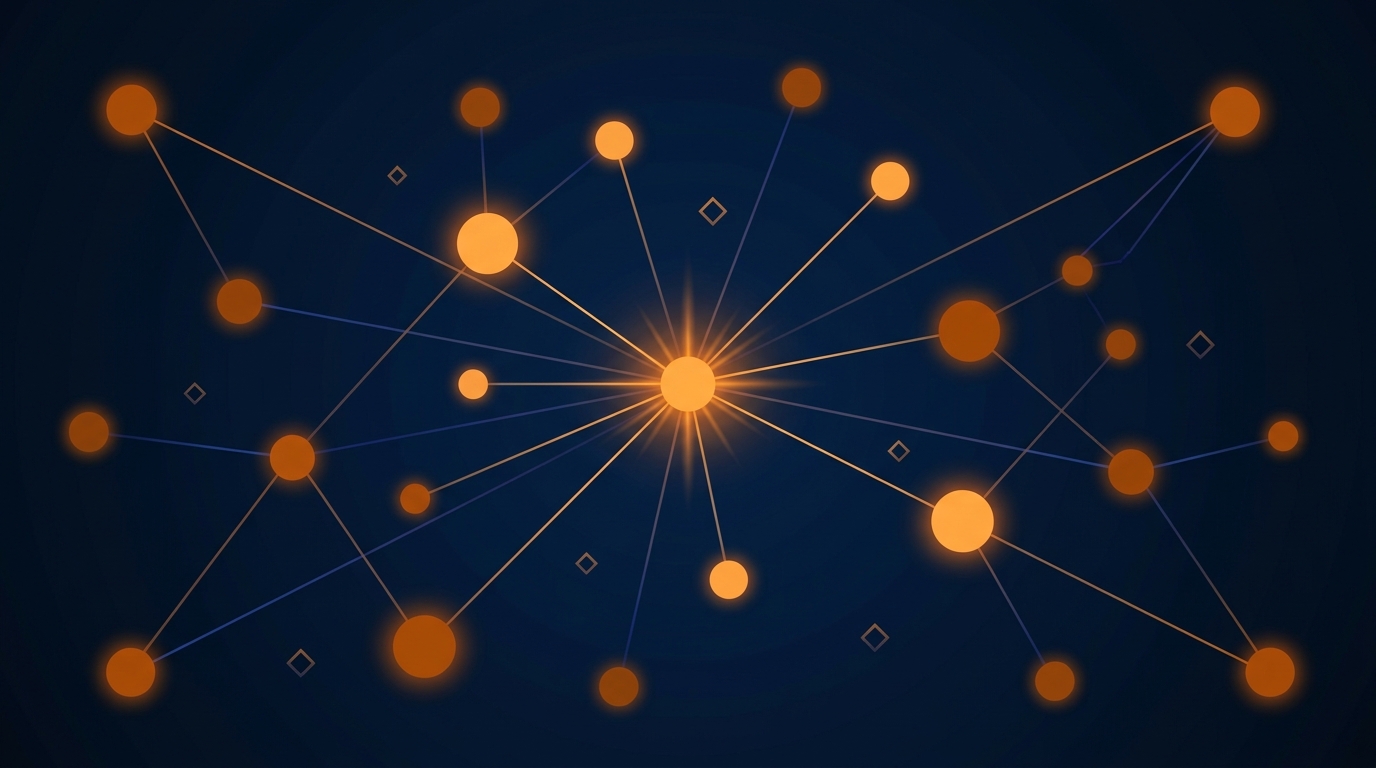 How to rank in AI search - abstract neural network node visualization on dark navy background